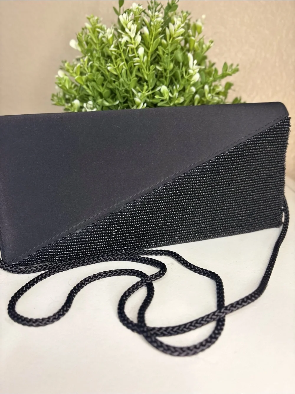 La Regale Black Satin & Beaded Evening Clutch with Chain